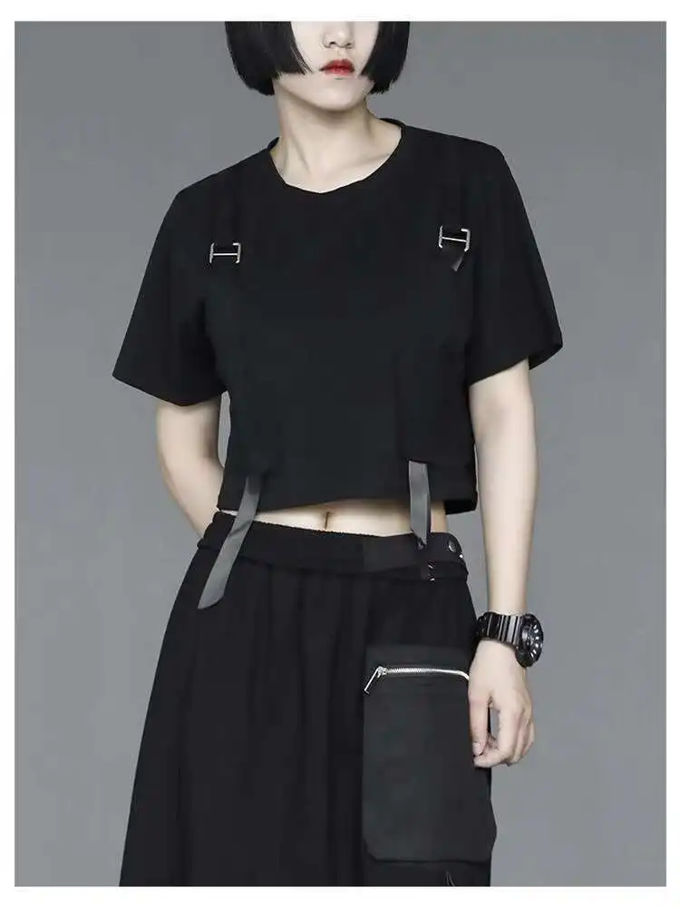 Women's Short Sleeve Summer New Motorcycle Style Ribbon Design Hip Hop Street Neck Half Sleeve T-Shirt