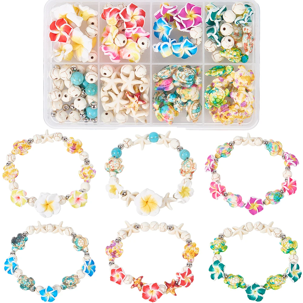 1 Box 159Pcs DIY 6 Sets Bracelet Making Kits Plumeria Flower Beads Polymer Clay Hawaiian Flowers Starfish Sea Turtle Beach Ocean