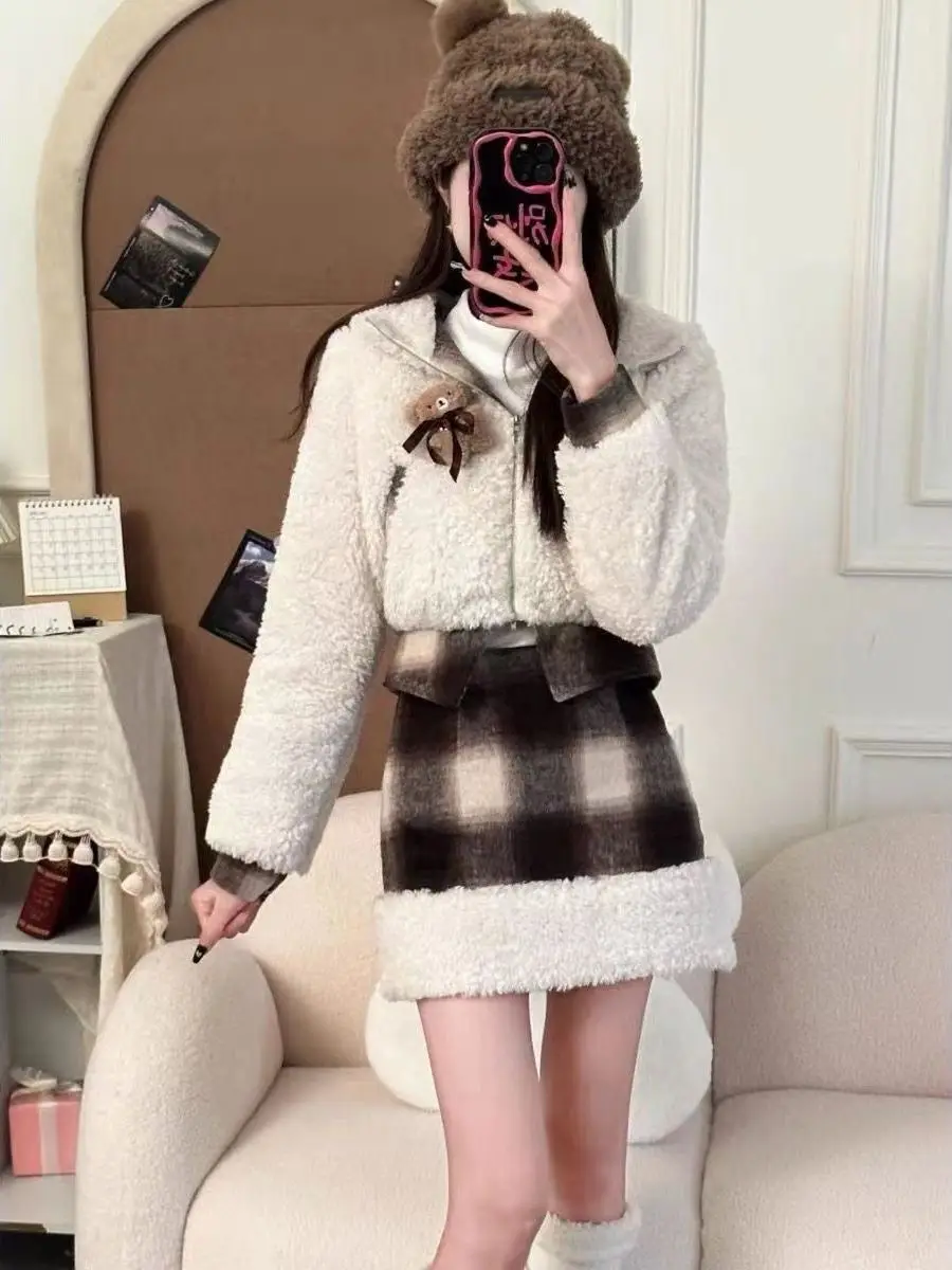 

Thiened Lamb Velvet Winter Set Dr Women's Long Sve ort Coat Skirt Two-Piece Suit Sweet Sle Plaid Pattern
