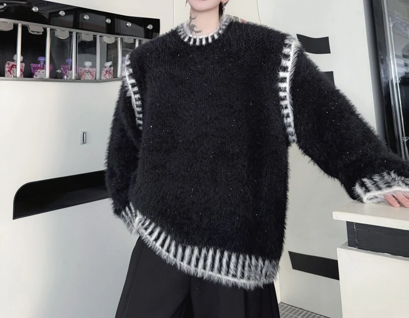 2025 Winter New Trendy Knitted Sweaters Men Women Loose Comfort Chic Pullover Knitwears Contrast Color Long Sleeve Handsome Tops