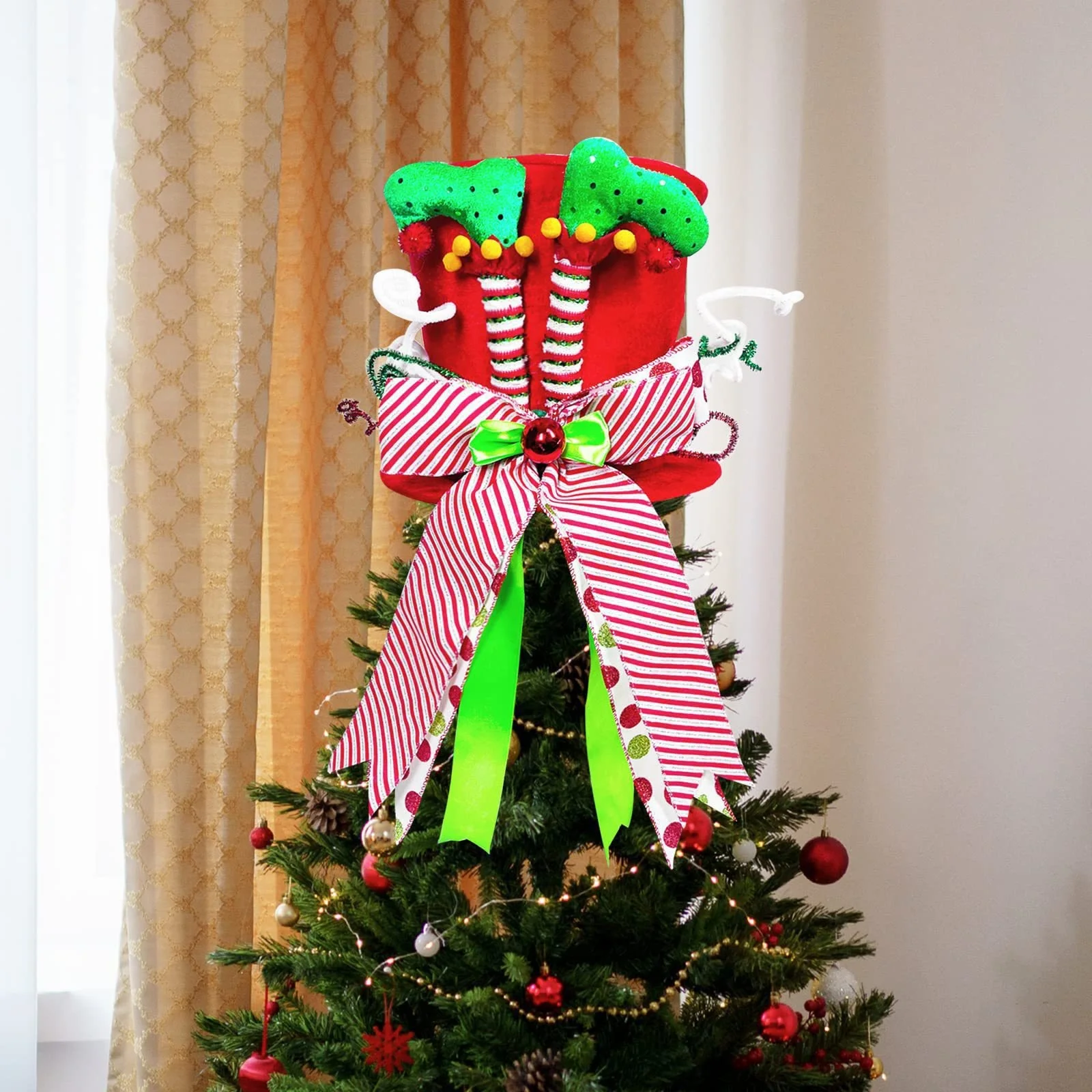 

Christmas Tree Topper Hat Striped Hat With Bow Christmas Tree Decoration Top Hat Hanging Ornaments Home Holiday Winter Decor