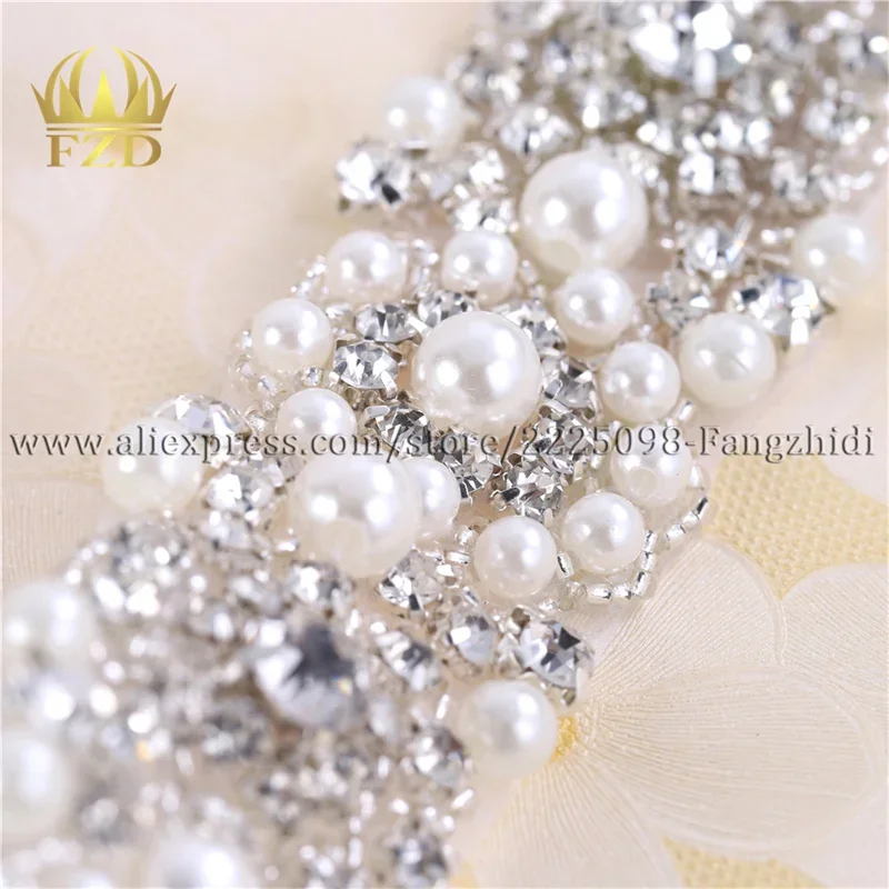 FZD 1 Yard Rhinestones Crystal Dress Applique Silver Beaded Trim for Wedding Dress Rhinestone and Pearl Applique By The Yard DIY