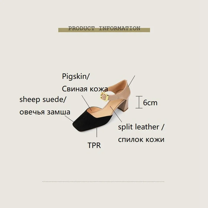 Sheep Suede Leather Shoes Women Summer/Spring Women Sandals Square Toe High Heels Cover Heel Shoes for Women Retro Mary Janes