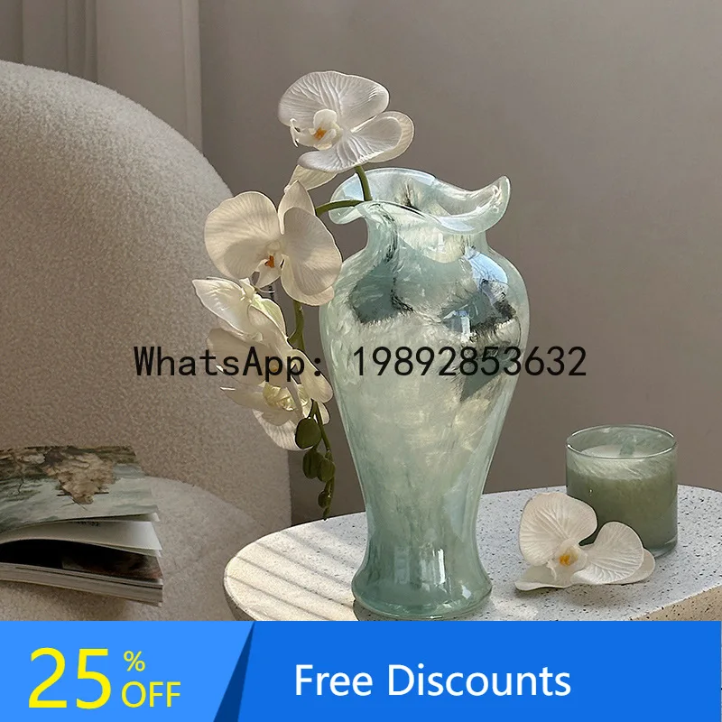 

YFY Blue Transparent Glass Vase Chinese Style Vintage Lace Decorative Flower Arrangement Living Room