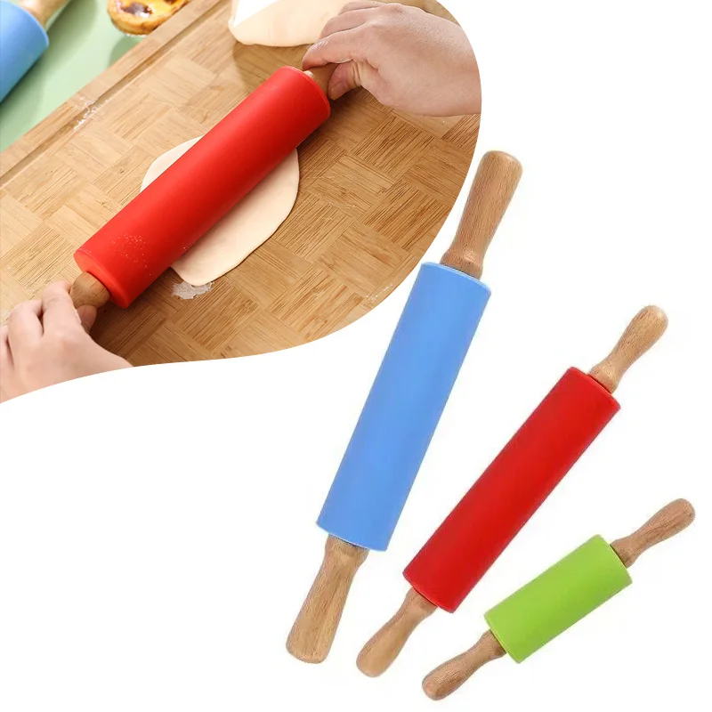 

Silicone Non-Stick Rolling Pin Wooden Handle Pastry Dough Flour Roller Kitchen Cooking Baking Tool for Pasta Cookie Dough