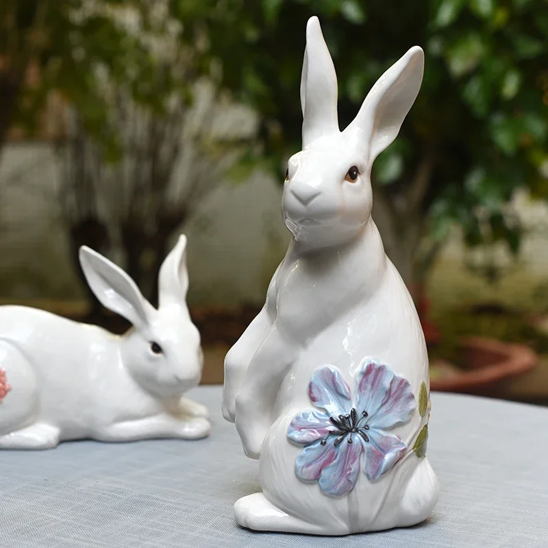 

White Ceramic Flower Rabbit Sculpture, Home Decor Crafts, Wedding Decoration, Living Room Ornament, Porcelain Animal Figurines