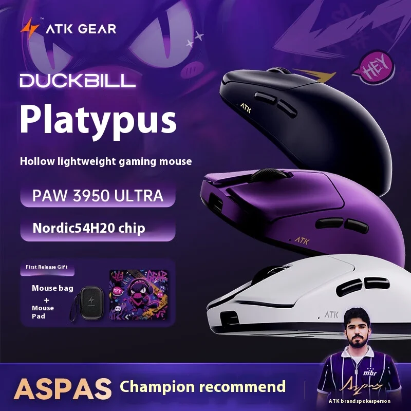 ATK DUCKBILL Wireless Gaming Mouse UltraLightweight Tri‑Mode PAW3955 Sensor 8K Polling Rate Ergonomic Mice For PC Laptop Esports