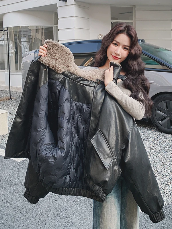 Cappotto Invernale da Donna in Pelle con Collo in Pelliccia d'Agnello, Imbottito in Piuma d'Oca, Bianco, Caldo, Casual, Vestibilità Ampia, Alla Moda