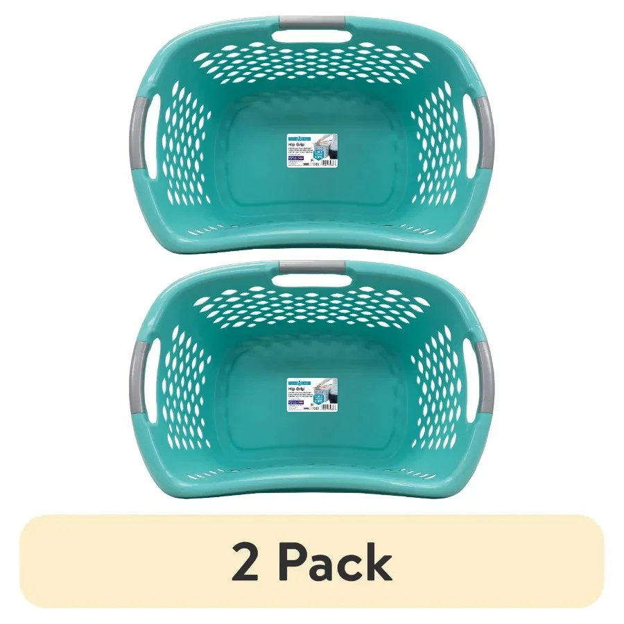 

(2 шт.) Пластиковая корзина для белья с ручкой, бирюзового цвета, легко захватывается, обеспечивающая удобство во время ношения корзины для белья.