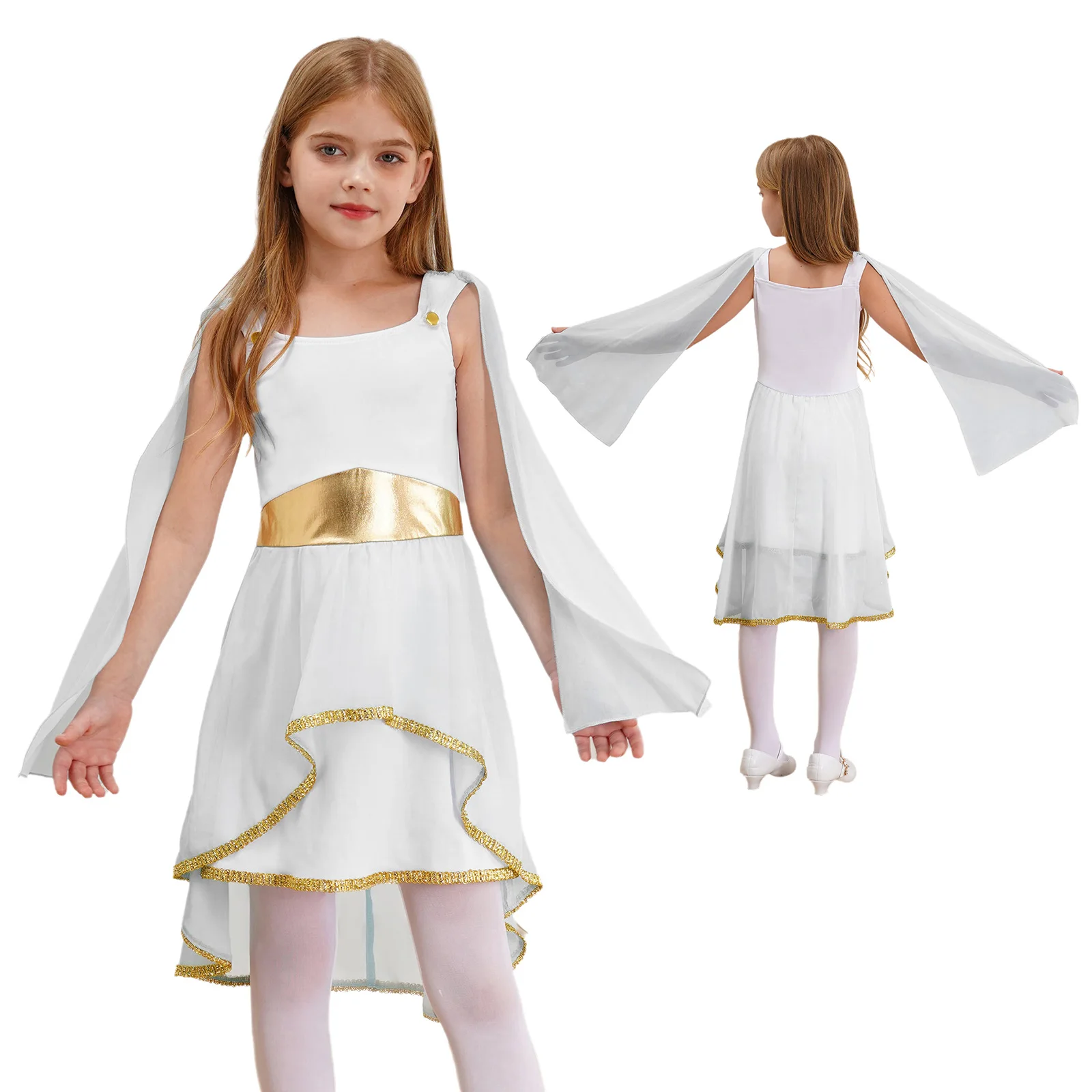 Kids Girls Halloween Ancient Greek Roman Athena Goddesses Princess Queen Cosplay Costume Sleeveless Asymmetrical Cape Dress Toga