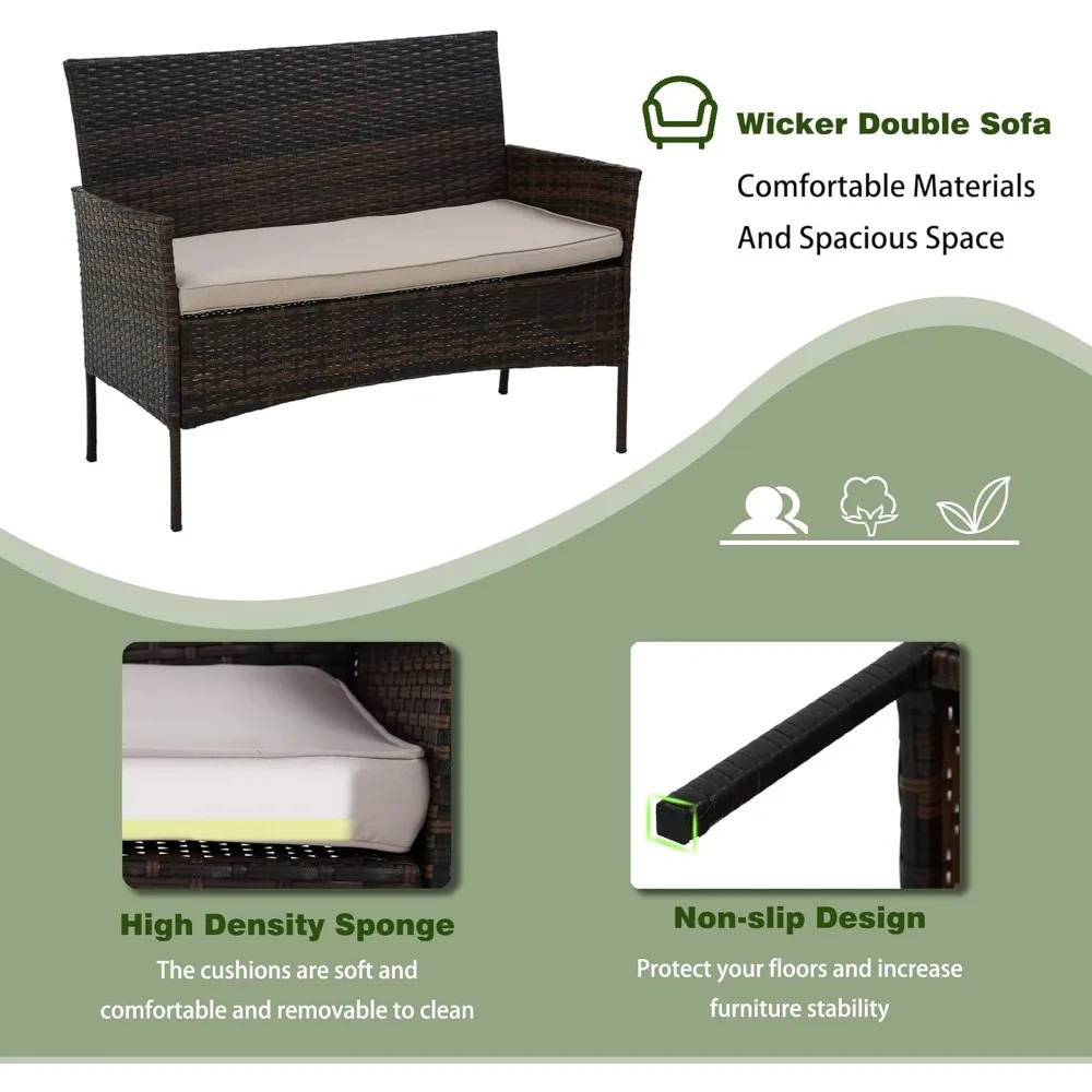 4 Pieces Patio Furniture Set Rattan Outside Furniture Wicker Sofa Garden Conversation Sets with Soft Cushion and Glass Table for image 5