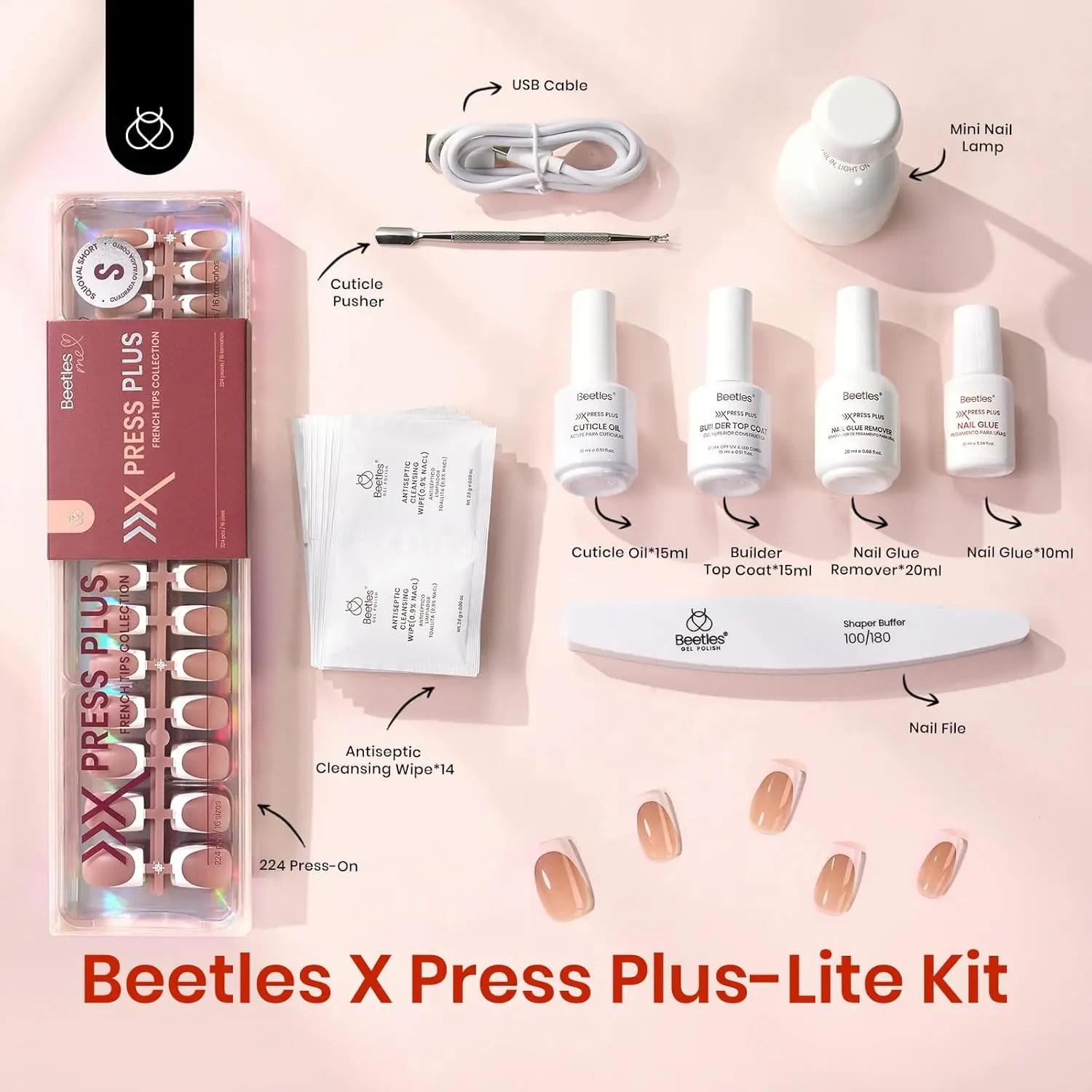 French Tip Press On Nails Kit: 224 Stück kurze quadratische Spitzen mit Kleber, Decklack und UV-Licht für DIY-Heimmaniküre