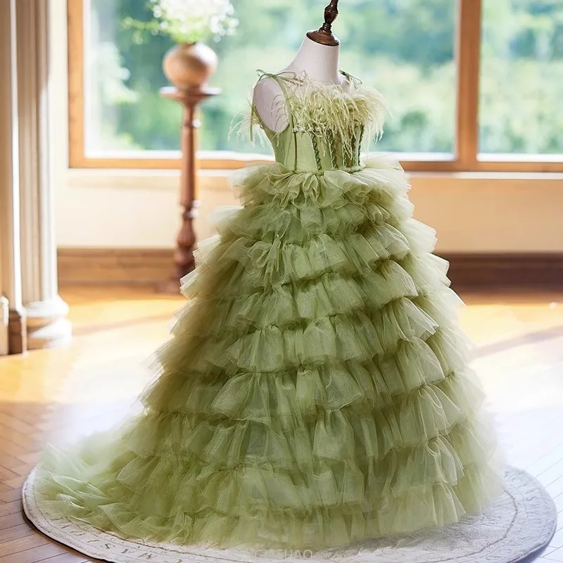 New Green Princess Dress Girls Pageant Gown Kids Piano Recital Toddler Fashion Show Elegant Outfit Birthday Party Performance