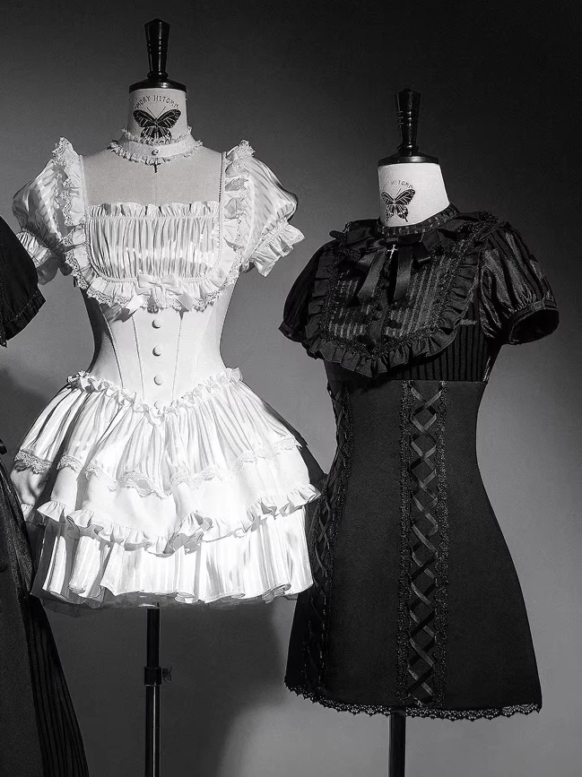 

Subculture Gothic Style Square Neck Puff Sleeve Slim Mini Dress Women Sweet Cool Girl Cute Bow High Waist Stripe A-line Dresses