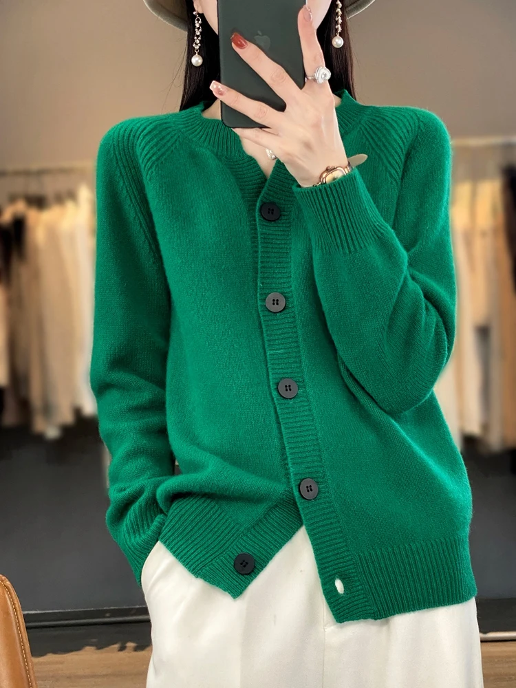 Women100% Merino Wool Cardigan Long Sleeved Seamless Cashmere Knitted Cardigan Loose Fashionable Sweater Tops New Spring Autumn