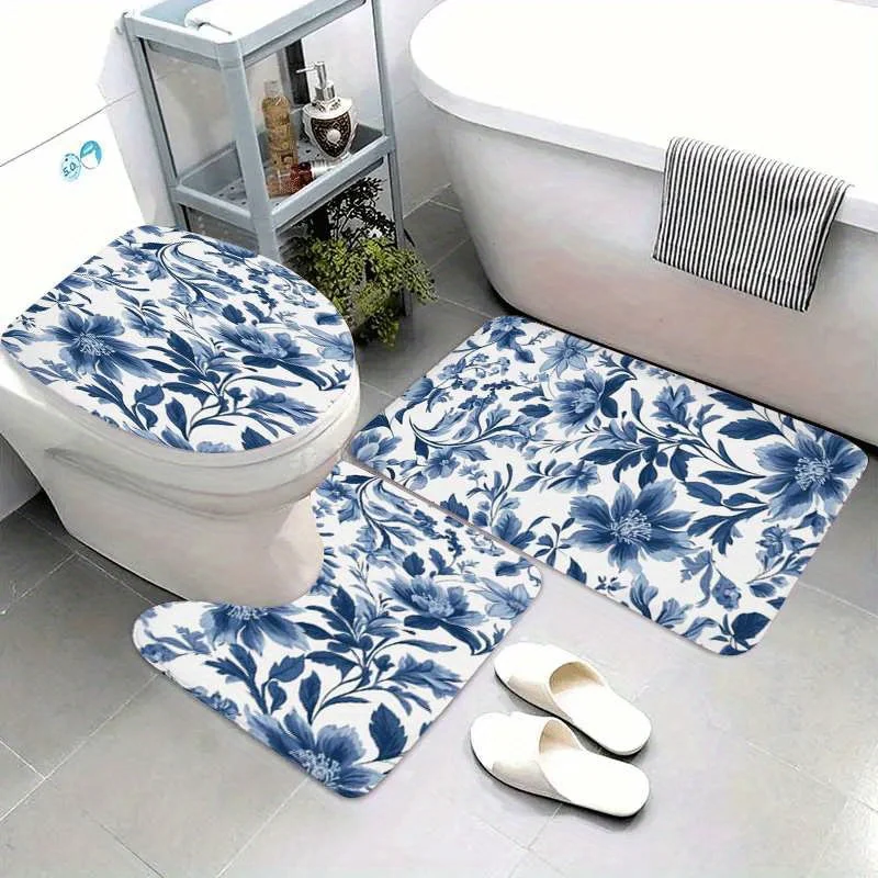 

3-х предметный декор для ванной комнаты с синим цветочным узором, U-образный коврик, коврик для сиденья унитаза, нескользящий коврик для украшения ванной комнаты