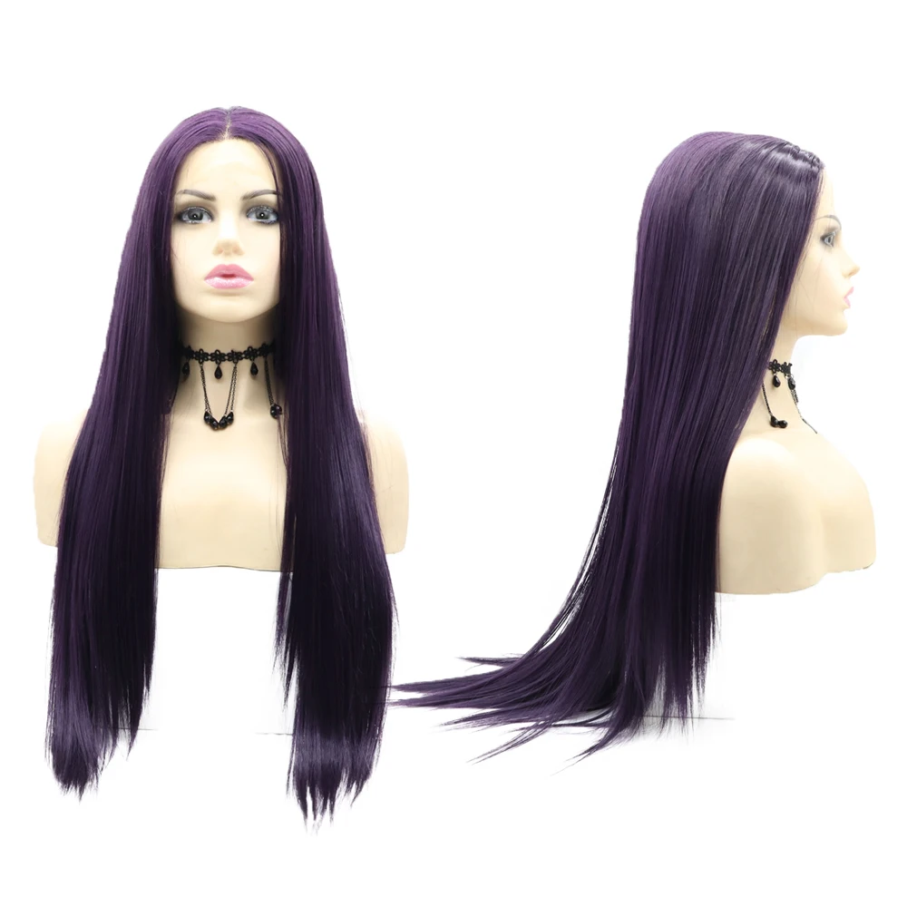 Sylvia Dark Purple 24inches Synthetic Lace Front Wigs Natural Hairline Long Straight Wig For Women Cosplay High Temperature