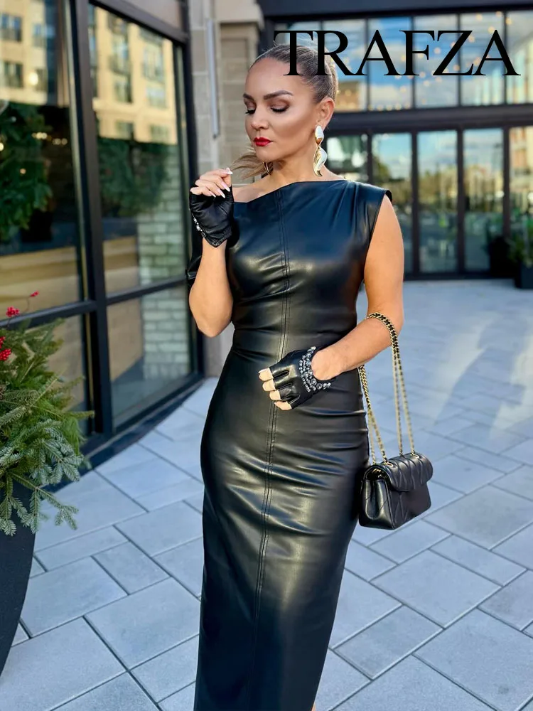 TRAFZA Women Summer Black Sleeveless Back Zipper Midi Dress Female Fashion Asymmetrical Slit Hem Folds Decorate Slim Party Dress