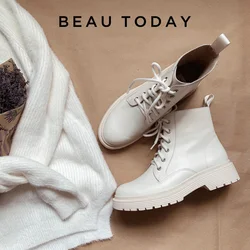 BeauToday Ankle Boots Women Genuine Cow Leather Lace-Up Round Toe Lady Booties Autumn Winter Platform Sole Shoes Handmade 03429