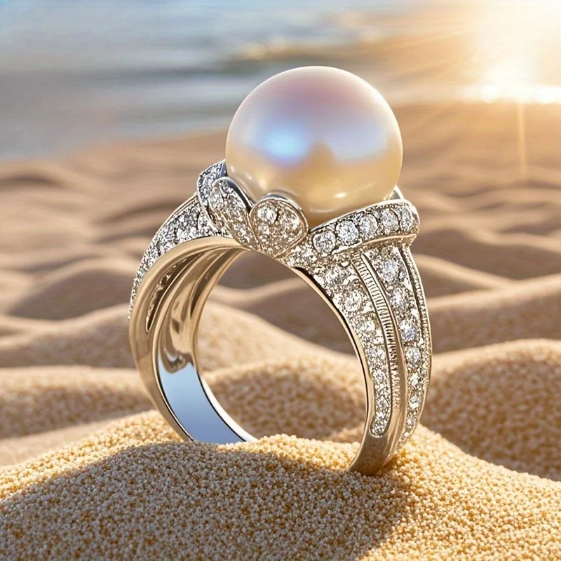 Elegant Imitation Pearl Silver Color Wedding Rings Women Shiny CZ Romantic Marriage Ceremony Party Ring Fashion Accessories - view 2