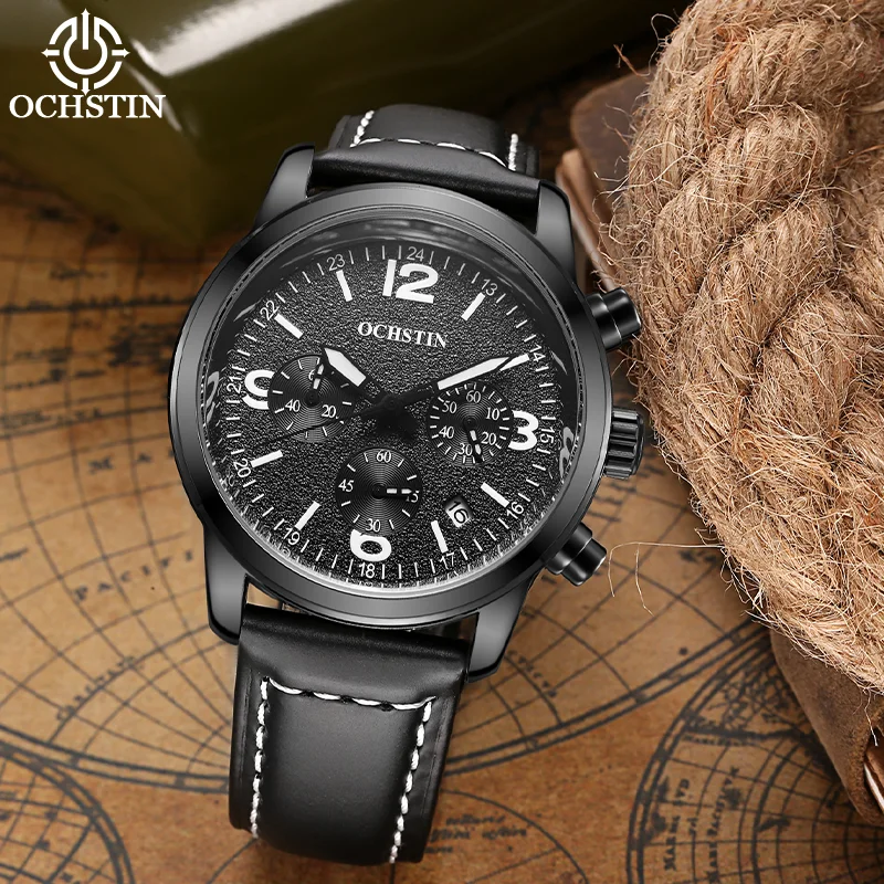 OCHSTIN Man Business Dress Quartz Watch Built Corrosion-resistant Alloy Frame Flexible Genuine Leather Strap Gentle Clock