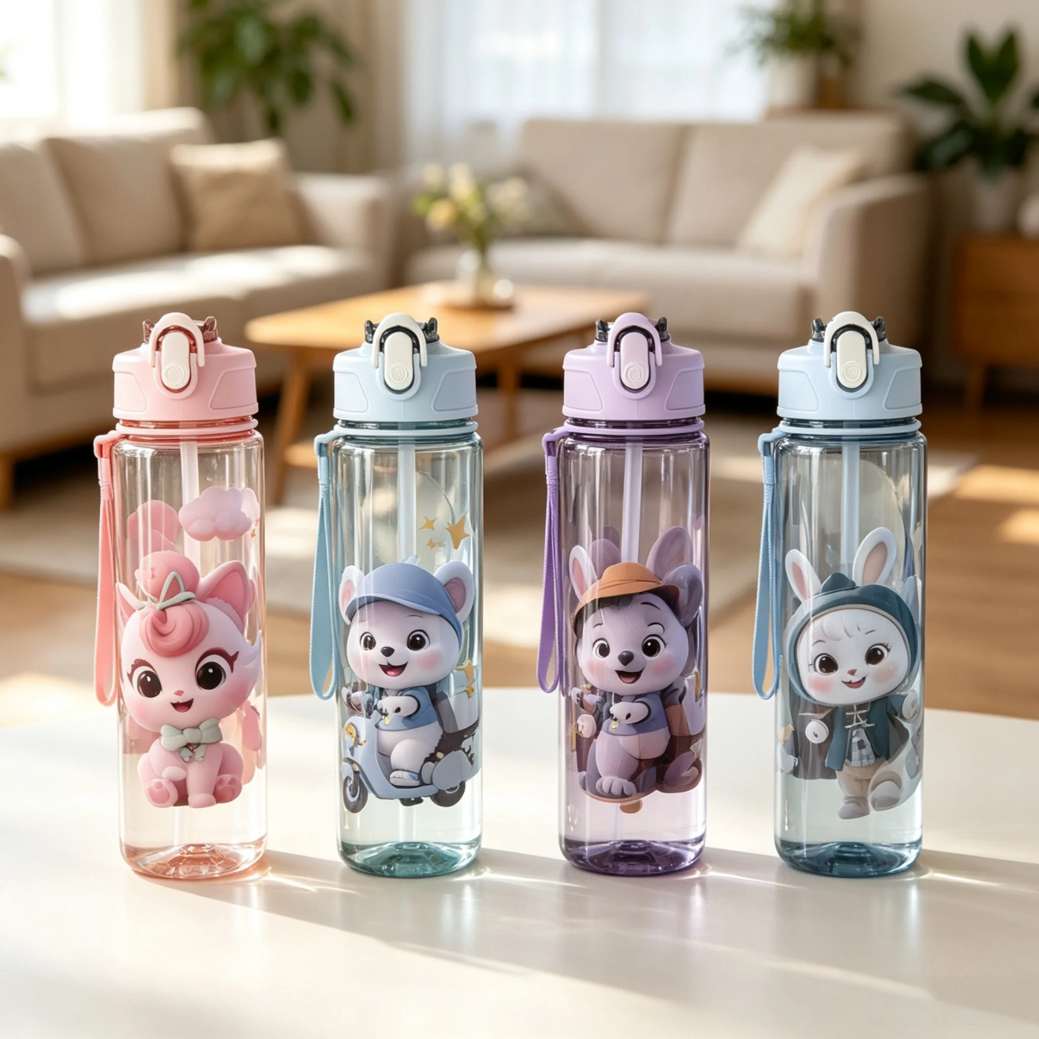 Lovely Cartoon Animal Pattern Thermal Water Bottle, Leakproof Flip Cap Drinking Bottle for Children Daily Use,with Lanyard