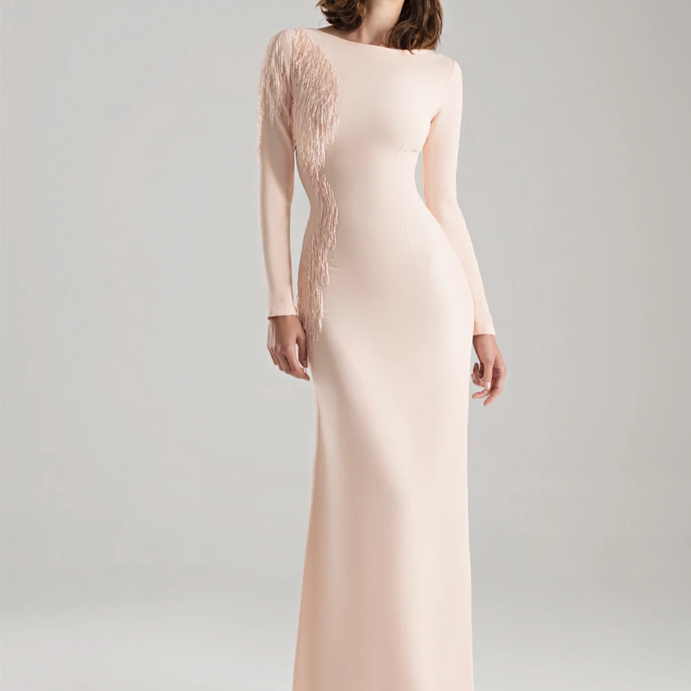 

Модное трикотажное вечернее платье трапециевидной формы с кисточками по индивидуальному заказу, с круглым вырезом, длиной до пола, с длинными рукавами, однотонные платья на заказ