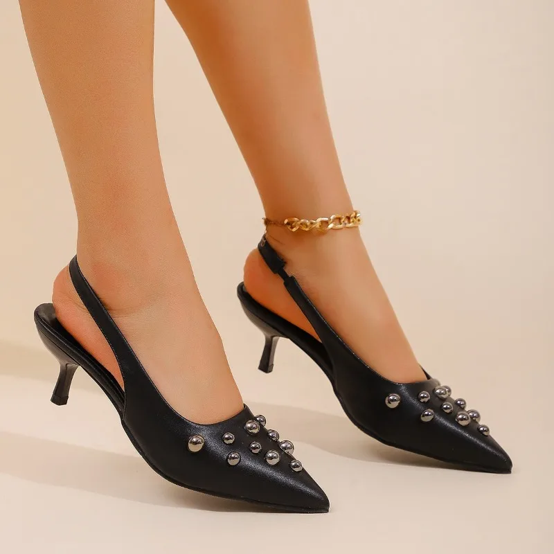 

2025 Hot Seller High-quality NewNew Summer Women's Sandals Metal Rivet Footwear Slingback Pointed Slip on Party Lady Pumps Shoes