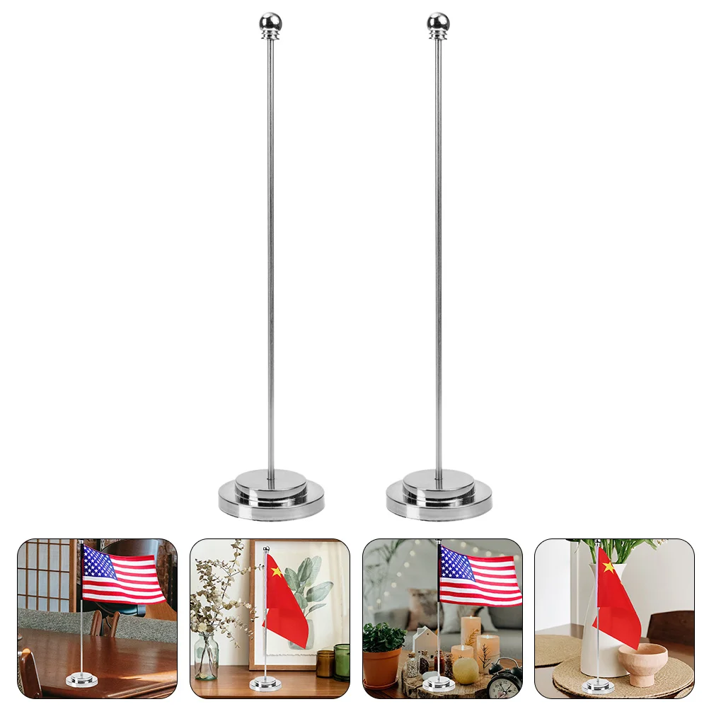 2 Pcs Desktop Flagpole Banner Indoor and Stand Poles Vehicle Frames Metal Holder Sturdy Table Runner