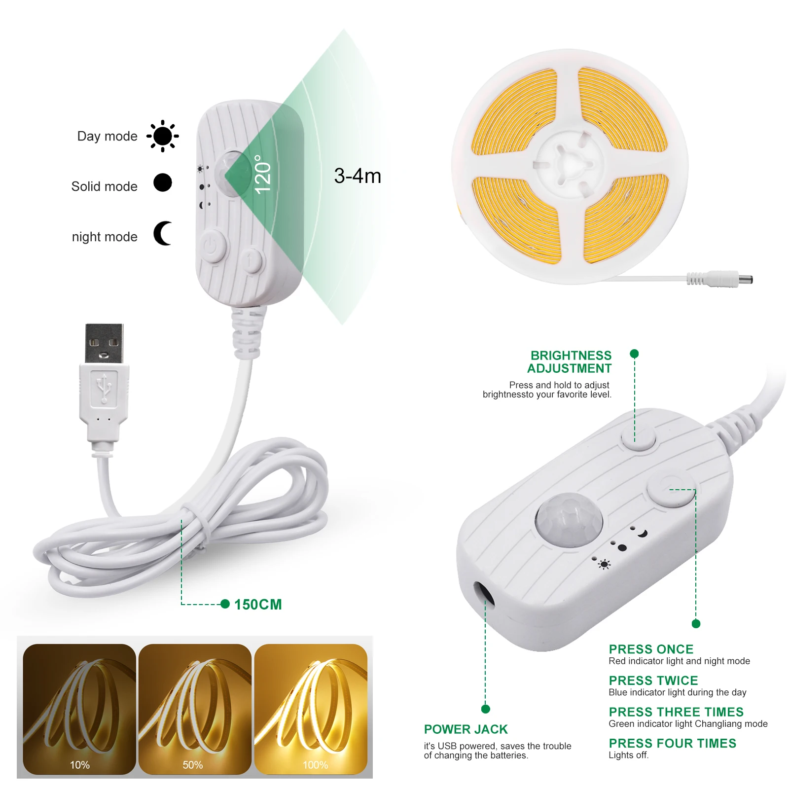 Imagem -05 - Fita Led Usb Cob com Sensor de Movimento Pir Alta Densidade Fita Luzes de Corda Fita Fob Flexível 3000k6000k mm mm mm 320leds m