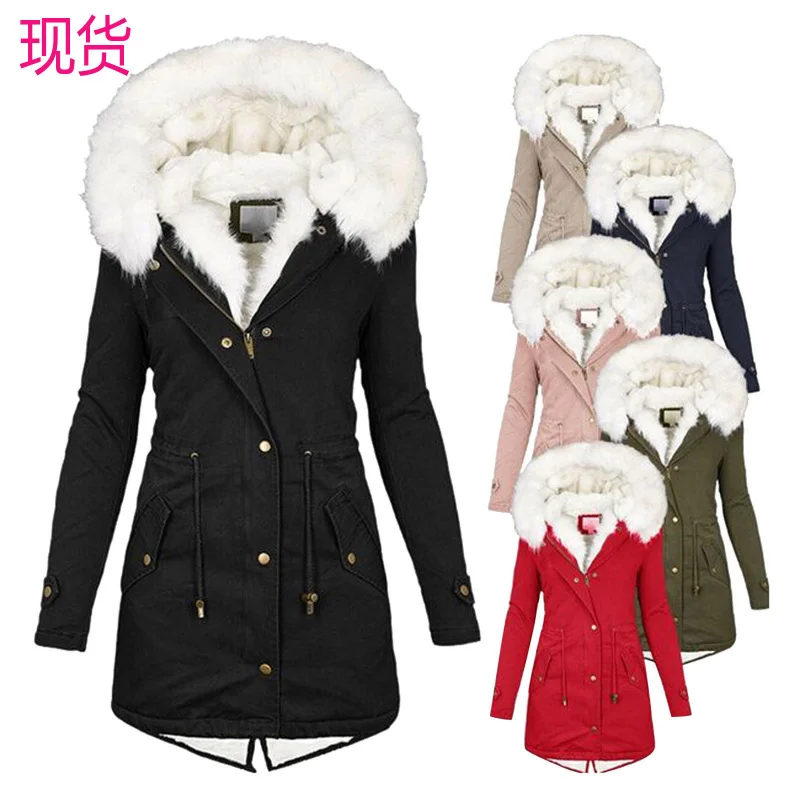 Women's autumn and winter long windbreaker with white fur collar and hooded insulation and fleece women's coat