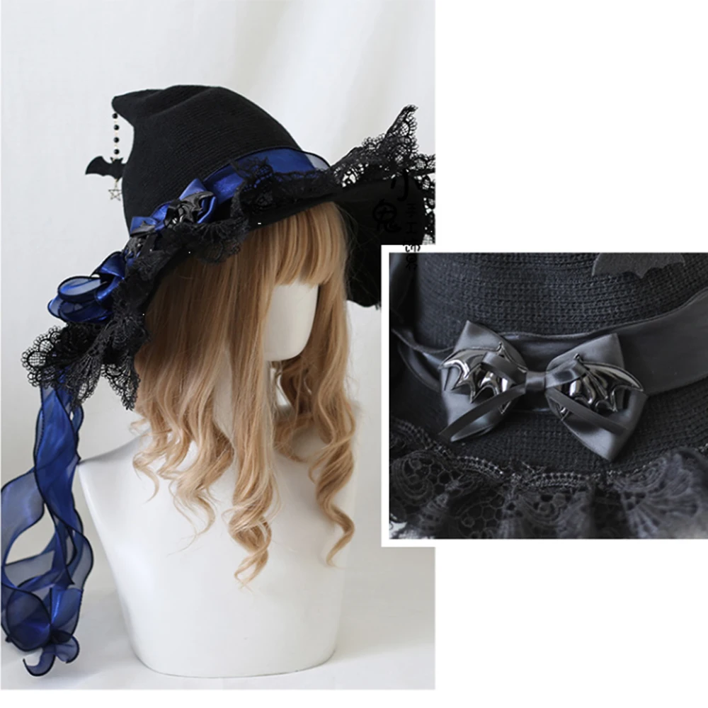 Fait à la main Lolita noir Halloween sorcière Lei Sibonett BNT chapeau nœud papillon chauve-souris dentelle arc Bnt couvre-chef femmes Cosplay cheveux accessoires fille