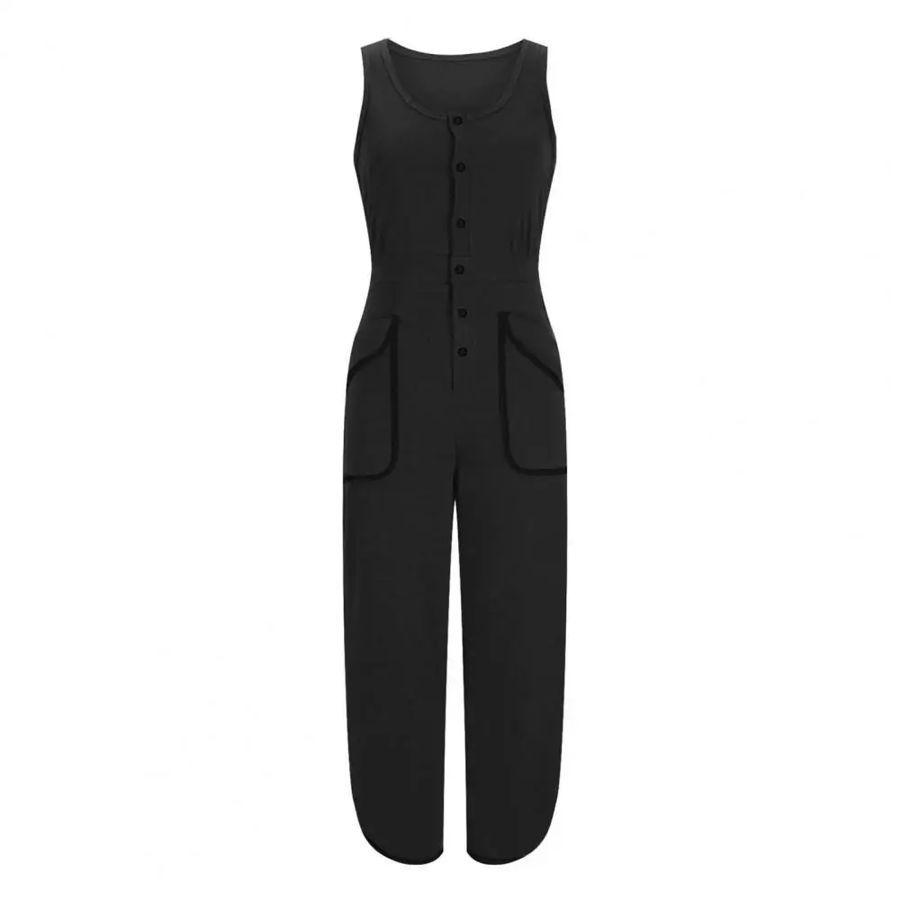 Lightweight Jumpsuit Stylish Women's Sleeveless Jumpsuit with Elastic Waist Pockets Casual Summer Sportswear for Ladies Women