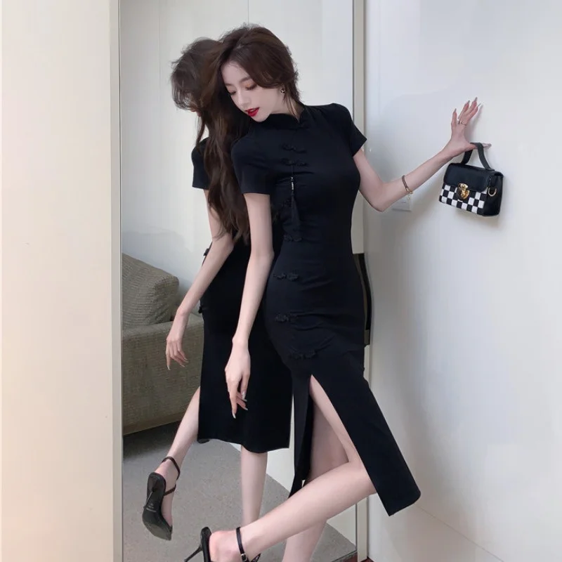 Summer Retro Chinese Dress Black Elegant Traditional Modern Temperament  Long Dress Carnival Dresses Up Outfit Party