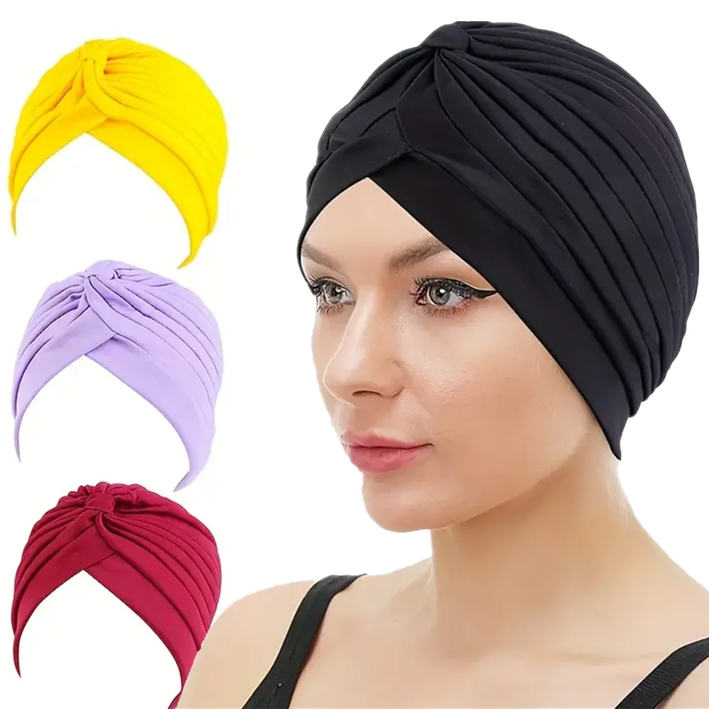 Elastic Soft Pleated Knot Turban Hat Women Muslim Head Wrap Hijab Cap Headcover for Hair Loss Chemo Daily Wear
