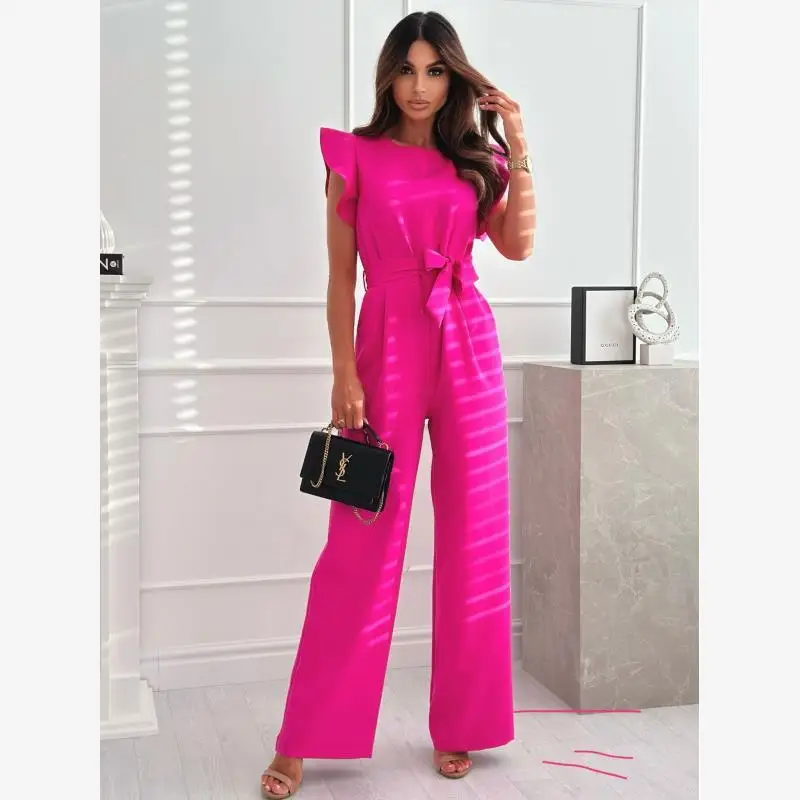 

Летний модный комбинезон с круглым вырезом, широкими штанинами, завязками на талии и поясом, с высокой талией, в уличном стиле