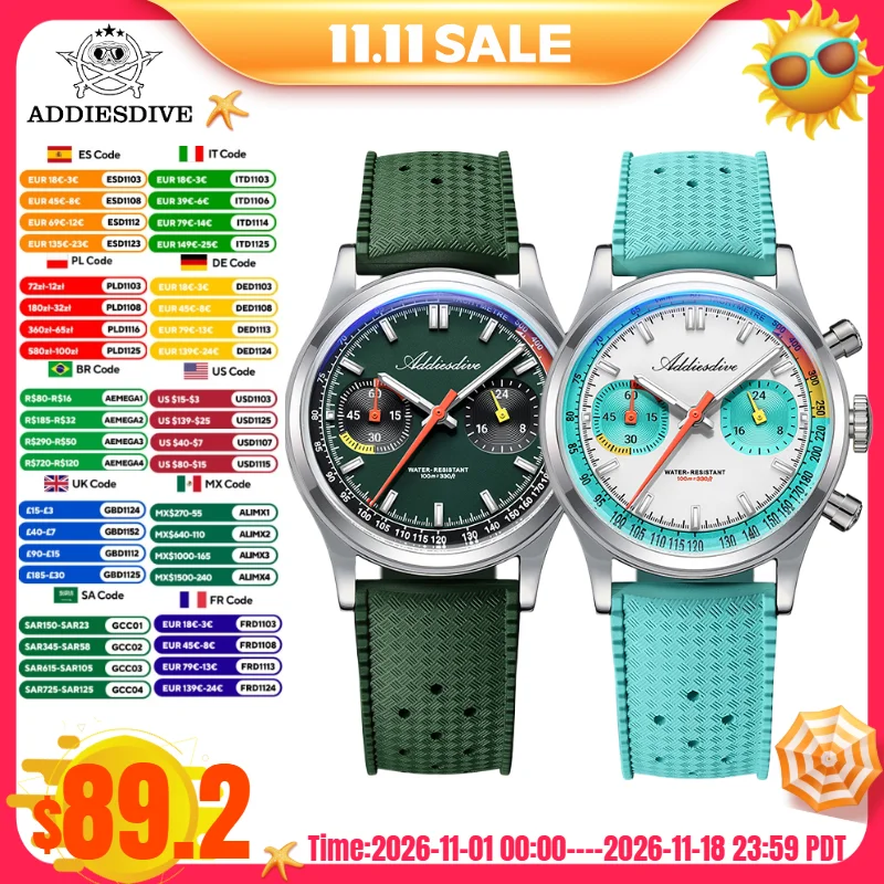 ADDIESDIVE 2025 NEW TOP 38mm Men's VK64 Chronograph Watch AD2529 BGW9 Super Luminous FKM Strap 10Bar Waterproof Quartz Watches