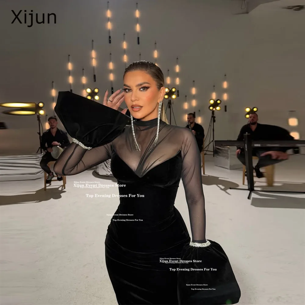 

Xijun Elegant Black Velvet Evening Dresses HIgh Collar Long Sleeves Mermaid Prom Dresses Formal Celebrity Simple Gown Customize