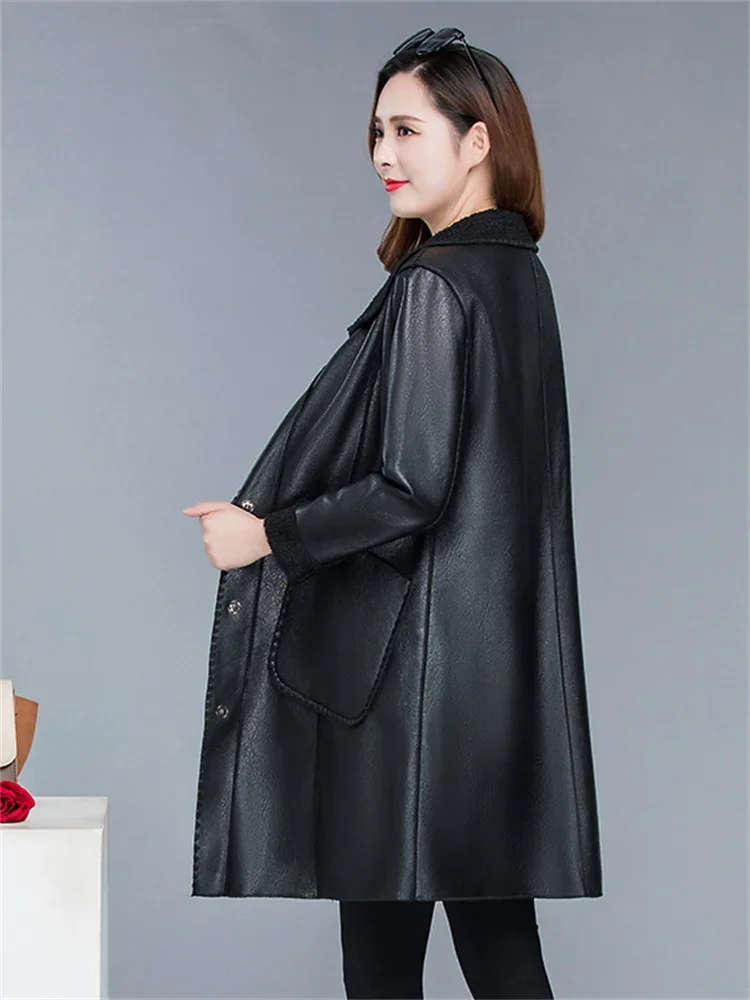 Winter Jacket Women Brown  Doll Collar 2023 Autumn New Korean Fashion Slim Add Velvet Long Faux Leather Coat Female