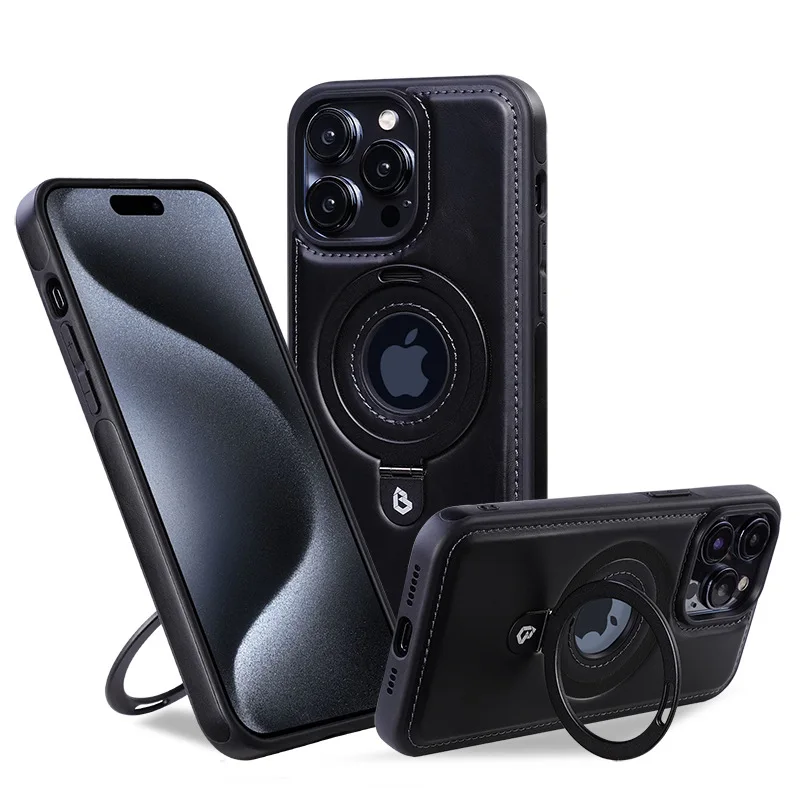 Роскошный чехол для телефона из искусственной кожи с магнитной подставкой и кольцом для iPhone 12, 13, 14, 15, 16 Pro Max Magsafe с полым логотипом и беспроводной зарядкой