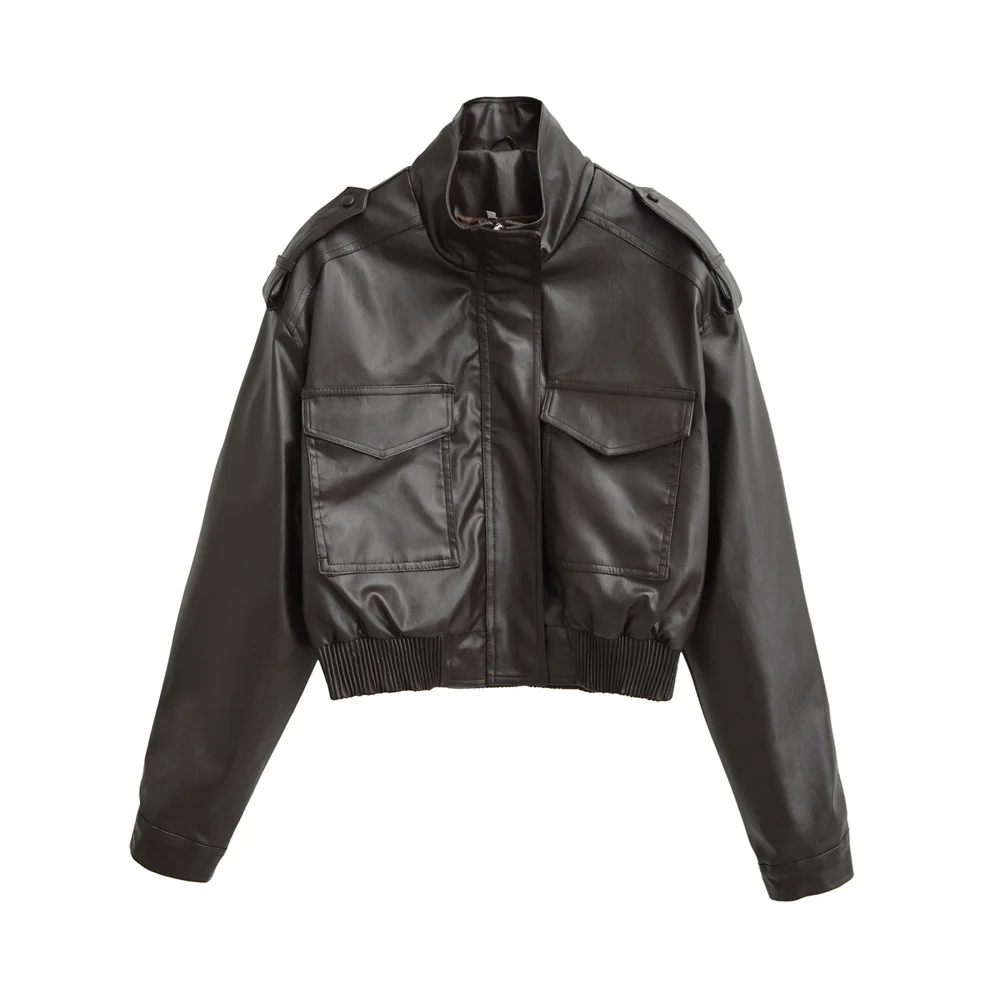 Outono novo estilo casual feminino moda PU imitação de couro gola manga comprida jaqueta de couro slim fit jaqueta curta