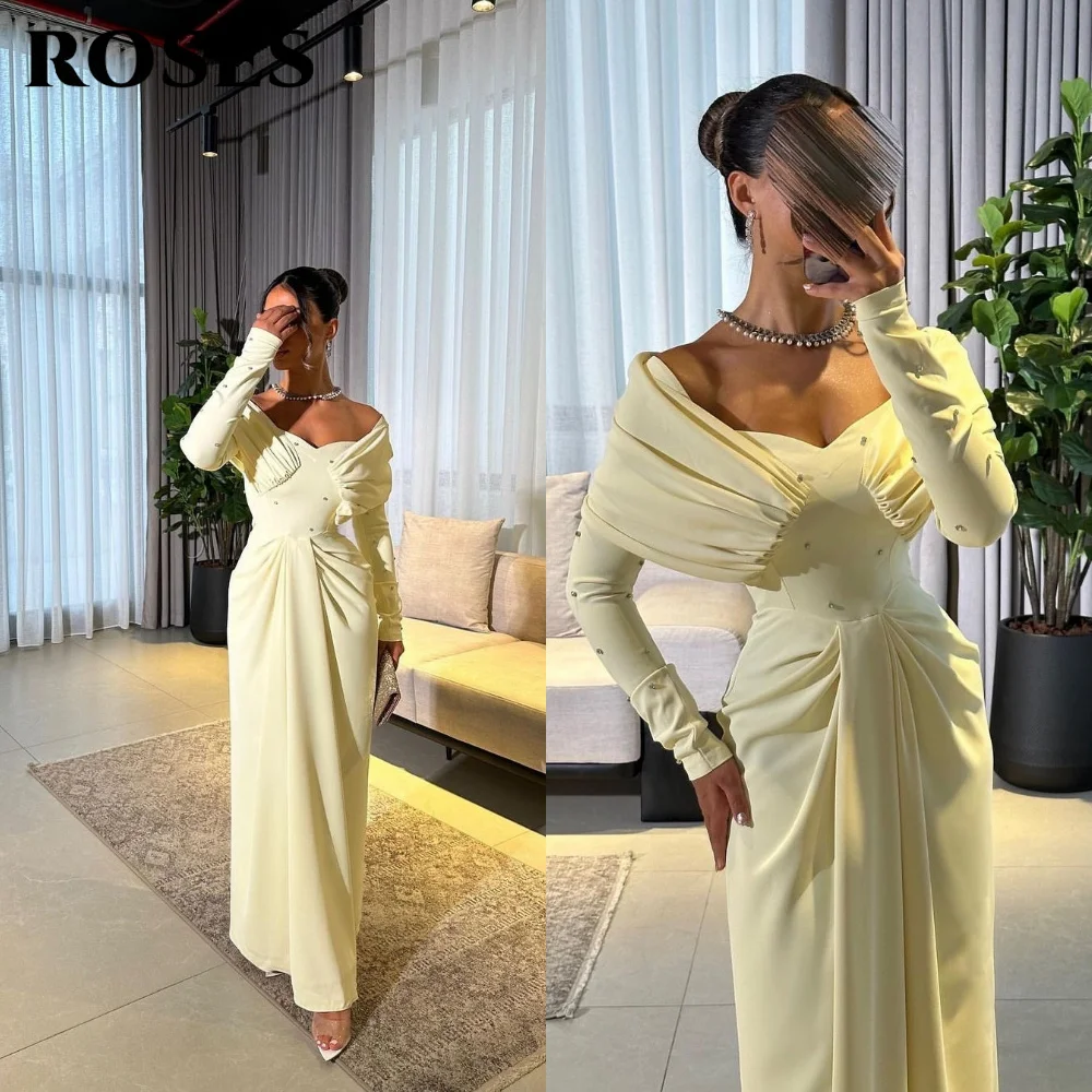 

ROSES Light Yellow Evening Dresses Off the Shoulder Long Sleeves Party Dress with Ruched and Rhinestones Prom Gown Customized