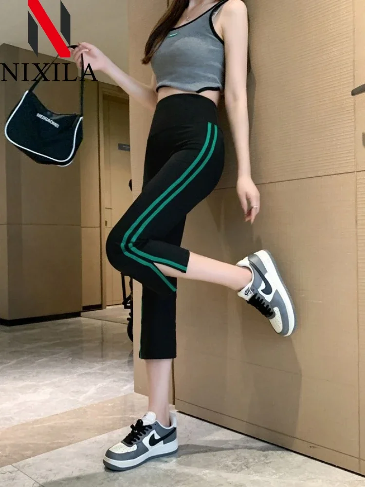 Pantalones de 7 puntos de verano para mujer, pantalones finos de tiburón, pantalones de Yoga cómodos muy elásticos, pantalones cortos deportivos de cintura alta abiertos acampanados