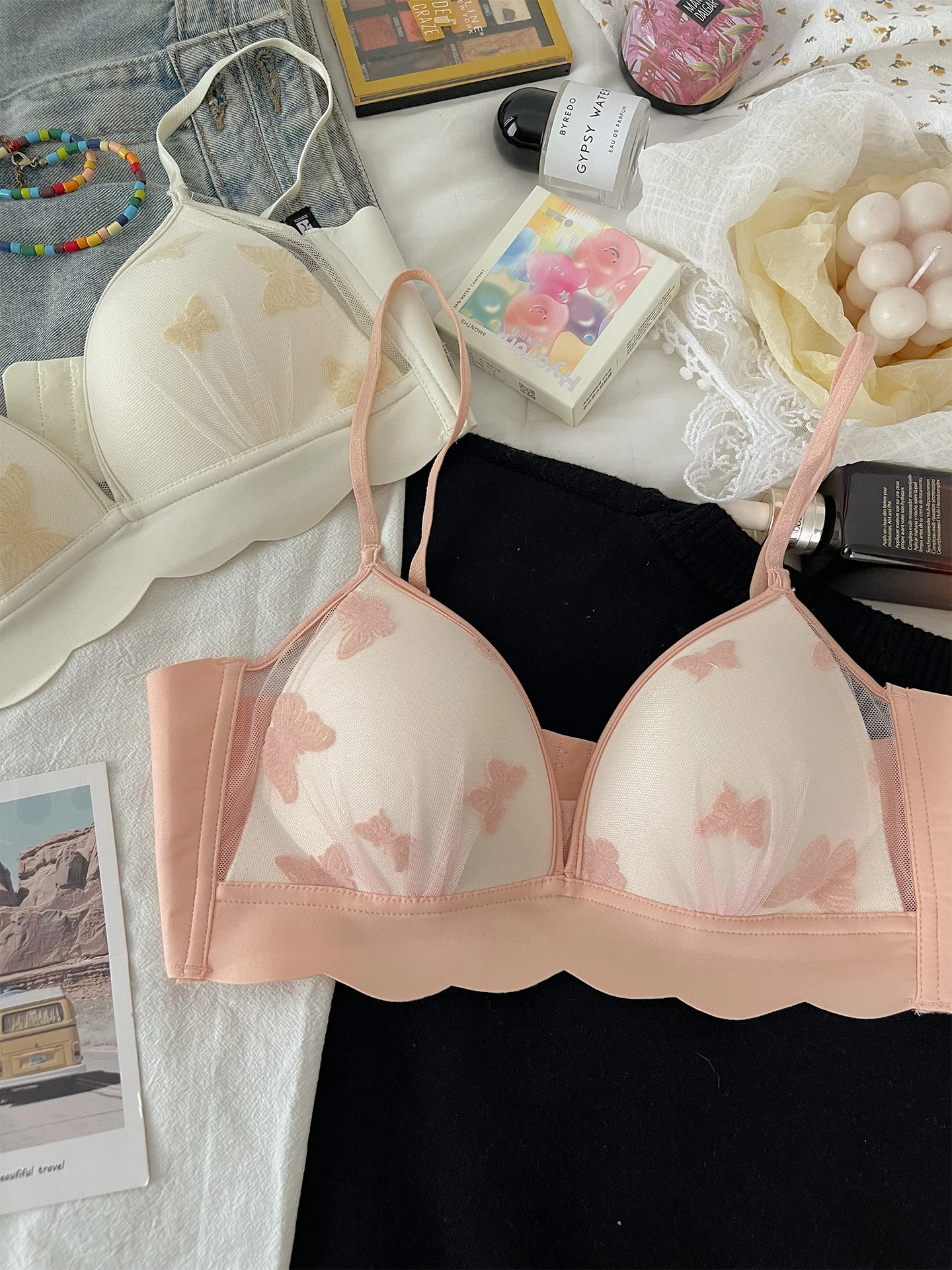 Lolita French Triangular Cup Lingerie Women's Thin Collection Without Steel Ring Thin Shoulder Straps Sexy Lace Bra