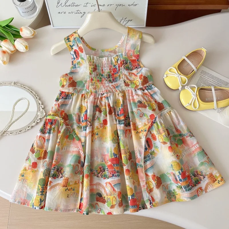 

Girls Dress Sleeveless Cartoon Printed Dress Flower Girl Dresses Korean Children Casual Dress Kids Dresses for Girls 2-7Yrs