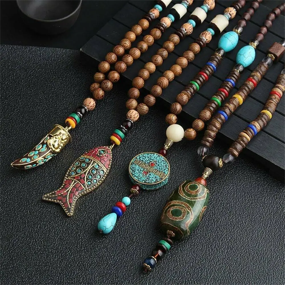 Handmade Nepal Buddhist Mala Bead Pendant Necklace Ethnic Horn Fish Long Jewelry