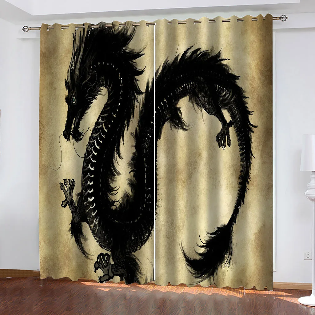 HUANZHUANG Curtains For Living Room  Pieces Decorative Black Dragon Totem Digital Printing Home Luxury Bedroom Window