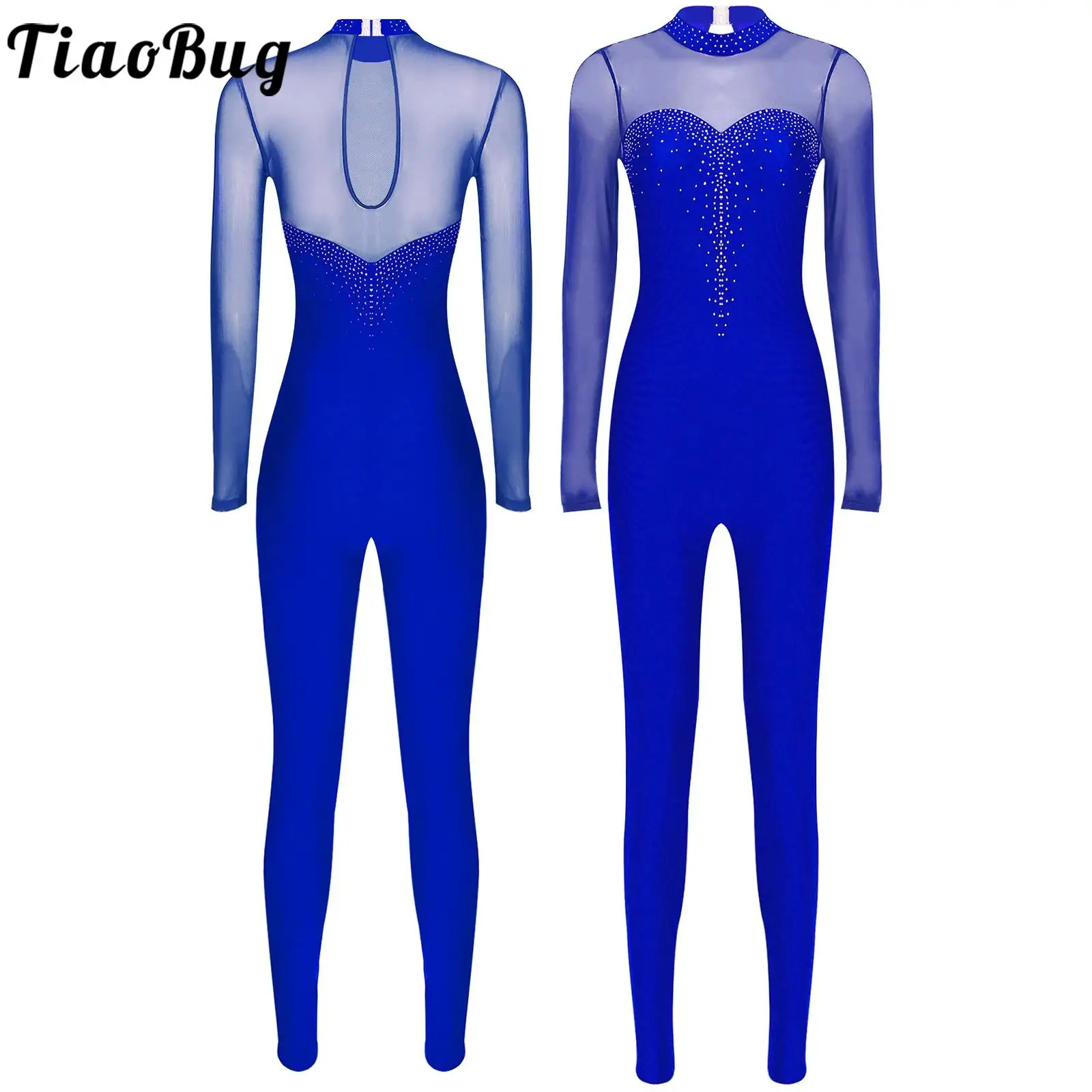 

Women Figure Skating Jumpsuits Gymnastics Performance Costume Rhinestones Leotard Dance Mesh Long Sleeve Bodysuit Dancewear
