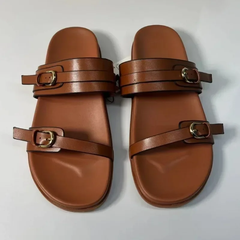 Buckle Strap Platform Slippers for Woman Classic Design Round Toe Leisure Soft Bottom Ladies Flat Shoes 2024 Summer Beach Slides