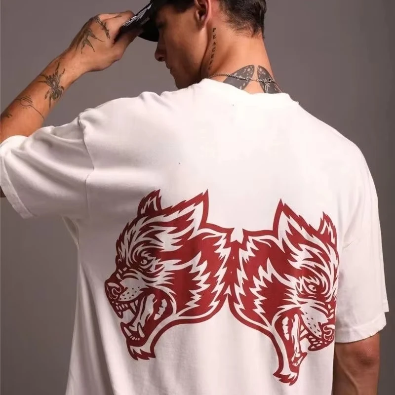 2025 New DARC classic wolf head print fashionable fitness loose running T-shirt for trendy men made of pure  and short-sleeved